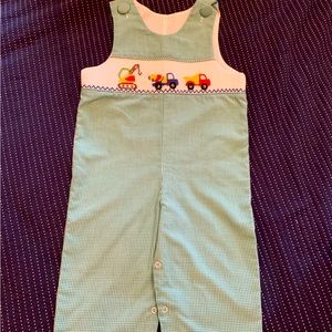 Boys longalls with truck smocking- 18m EUC